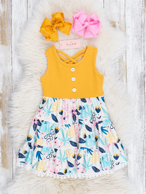 Yellow Tropical Bloom Doodles Ruffle Dress